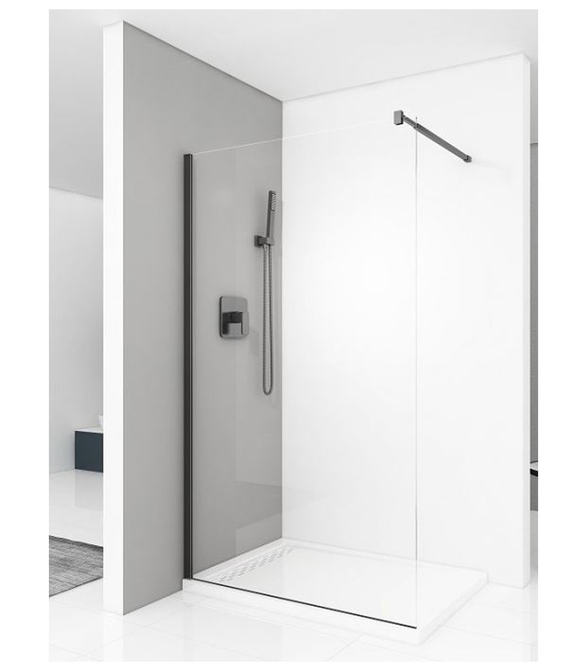Mampara ducha frontal 1 puerta y 1 panel perfil negro